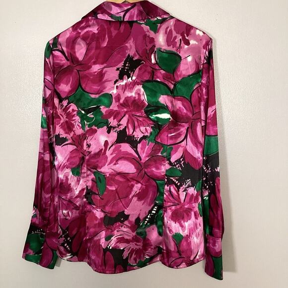 Ann Taylor Fuchsia Pink Floral Printed Blouse Silky V Neck Twist Front 14 - Picture 4 of 7